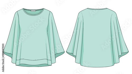 Mint green women's fashion flat sketch featuring a relaxed fit and flowing bell sleeves