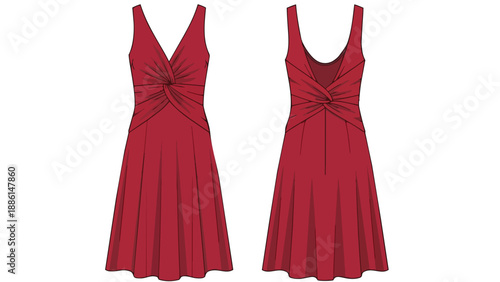 Vibrant crimson dress technical illustration depicting a sleeveless design with a charming V-neck and a unique ruched knotted waist detail seen from