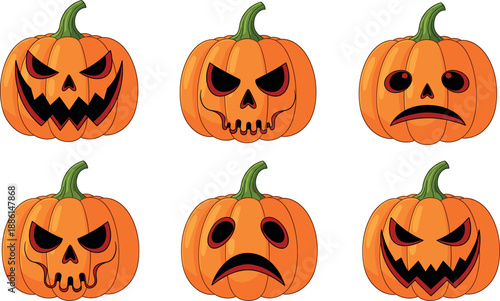 Halloween scary jack o lantern pumpkin faces vector set for spooky party decoration design