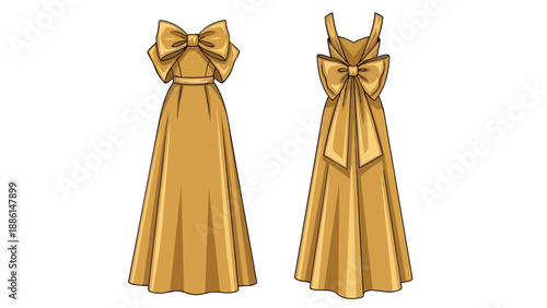 Elegant golden gown designs showcasing distinct bow accents on front and back, perfect for formal occasions and celebrations demanding sophisticated