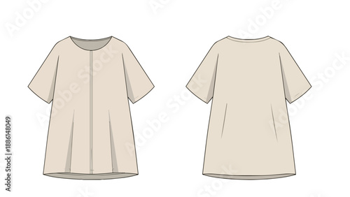 Fashion flat sketch of a relaxed tunic blouse, showcasing simple design lines and subtle front pleating.