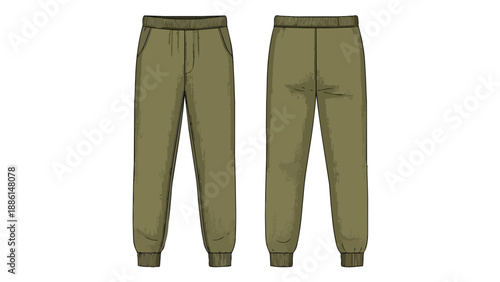 Detailed technical flat sketch illustration showcasing front and back views of comfortable olive green athletic leisure wear joggers with elastic