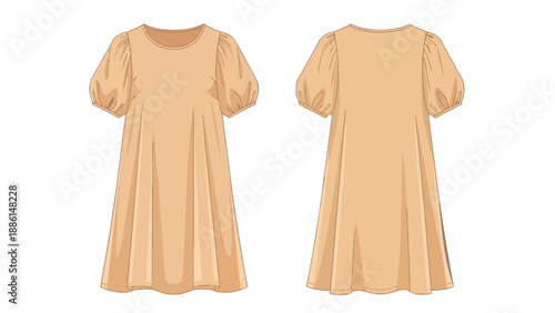 Minimalist beige puff sleeve dress front and back view illustration, simple apparel design, fashion design template garment outline. A comfortable