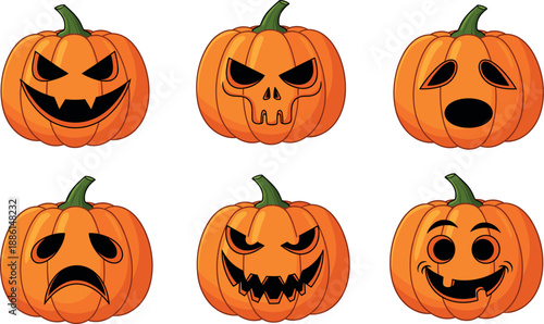 Halloween scary pumpkin faces vector set with spooky jack o lantern expressions flat cartoon illustration isolated on white