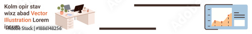 Business analysis, productivity, workplace organization, data trends, digital tools, remote work. A desk setup with devices and a growth chart. Business analysis and productivity concept