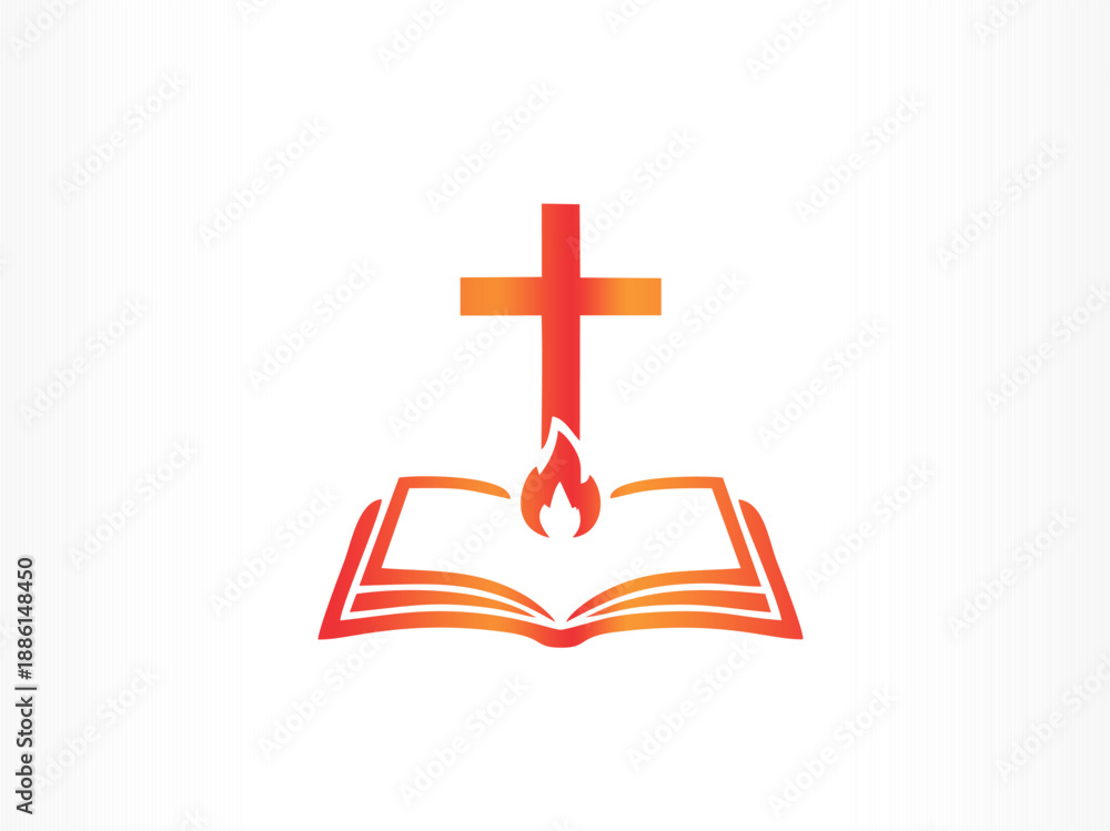 Fototapeta premium Open book with flame and cross symbolizing scripture, divine inspiration, and Christian enlightenment.