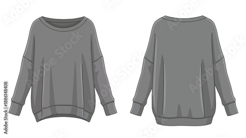 Front and back view illustration of a comfortable loose-fit casual grey long-sleeved crew neck top for everyday wear and versatile styling options.