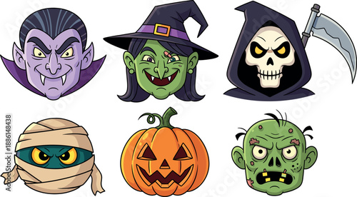 Halloween spooky character face vector set with vampire witch grim reaper skull mummy pumpkin zombie cartoon illustration icons