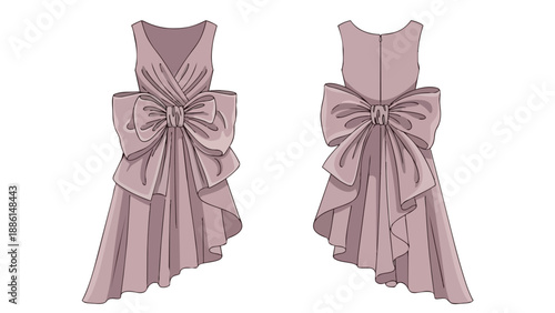 Elegant sleeveless dress design with intricate soft draping and a prominent oversized back bow, perfect for sophisticated evening wear and