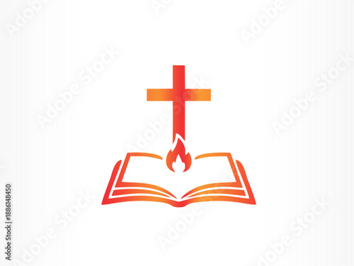 Open book with flame and cross symbolizing scripture, divine inspiration, and Christian enlightenment.