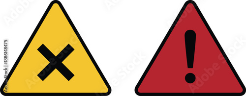 Warning triangle icon set with cross and exclamation symbols for danger alert safety signage and user interface design
