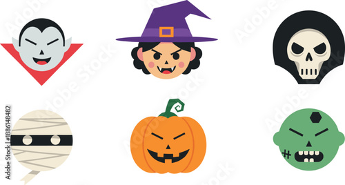 Halloween spooky character faces vector set with vampire witch skull mummy pumpkin zombie icons flat cartoon illustration collection