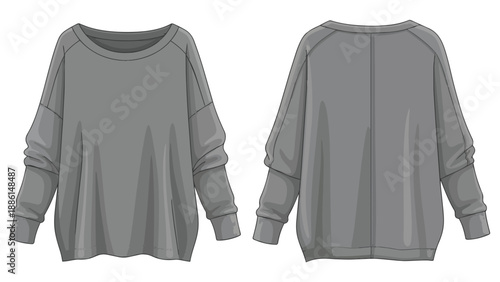 An original technical fashion illustration depicting a versatile gray oversized long-sleeve women's sweatshirt, showing both the relaxed front and