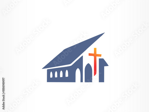 Stylized church graphic with red-orange cross representing Christian faith and architectural identity.