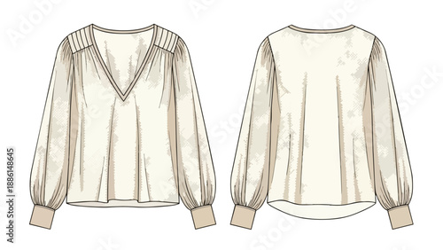 Elegant long-sleeved blouse fashion flat sketch with V-neck and gathered details