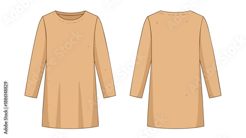 Elegant neutral-toned long-sleeve tunic top design featuring a smooth crew neck, offering a versatile blank apparel template for fashion and textile