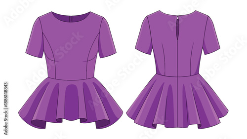 Purple peplum short-sleeve top design flat sketch. Front and back garment illustration for fashion design, showing key details and construction