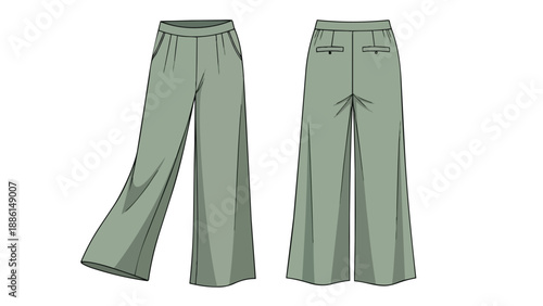 Detailed fashion illustration of women's contemporary wide-leg trousers showcasing comfort and modern style from front and back views with subtle