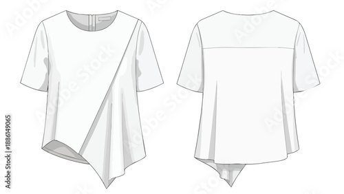 Contemporary asymmetrical tunic top design technical flat illustration showcasing fluid drape and short sleeves perfect for fashion designers