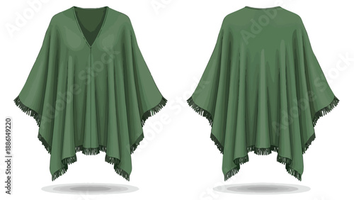 Vector illustration of a green poncho garment displayed from both front and back perspectives featuring a V-neck and decorative fringe along its hem