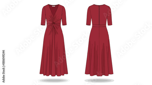Ruby red midi dress vector showing front and back views. Highlights include a flattering v-neck, elegant front knot, practical half sleeves, and