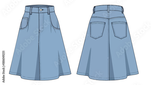 Flat technical sketch of a light blue denim A-line skirt, front and back