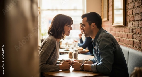Couple holding hands and looking at each other in a restaurant interior