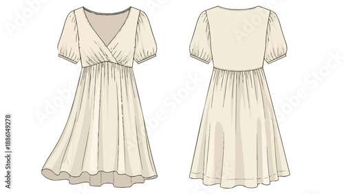 Elegant illustration of a short-sleeved dress with a v-neck and empire waistline, featuring a flowing gathered skirt design ideal for warm weather