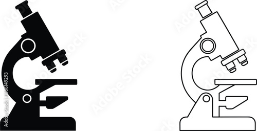 Microscope icon set with solid and outline styles for laboratory research science education and medical analysis design projects