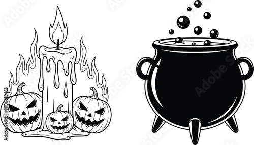Spooky Halloween Candle And Jack O Lantern Pumpkins With Witch Cauldron Vector Illustration Black And White Clipart Design Art Set