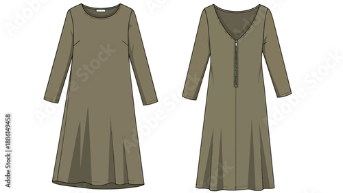 Versatile midi dress technical sketch with both round neck and zip-front v-neck variations, fashion flat illustration