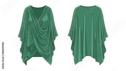 Contemporary Green Draped Fashion Top Illustration with Crossover Front and Flowing Silhouette
