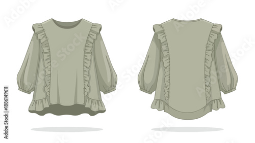 Elegant sage green women's long-sleeve blouse with stylish ruffles on shoulders, front, and hem, complemented by chic puffed sleeves, a versatile