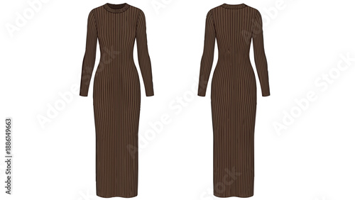 Stylish full-length brown ribbed knit dress, showcasing both front and back views for modern elegance and comfort, an essential versatile garment