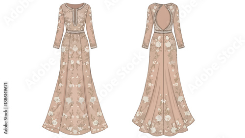 Detailed fashion illustration of an elegant long-sleeved gown with floral embroidery and an open back perfect for luxury bridal and formal wear