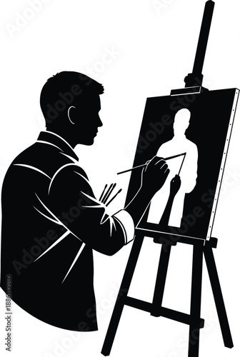 Black silhouette vector illustration of a male artist painting a portrait on canvas at an easel in studio