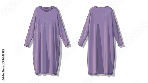 Fashion flat technical sketch of a relaxed-fit purple long-sleeved women's tunic dress