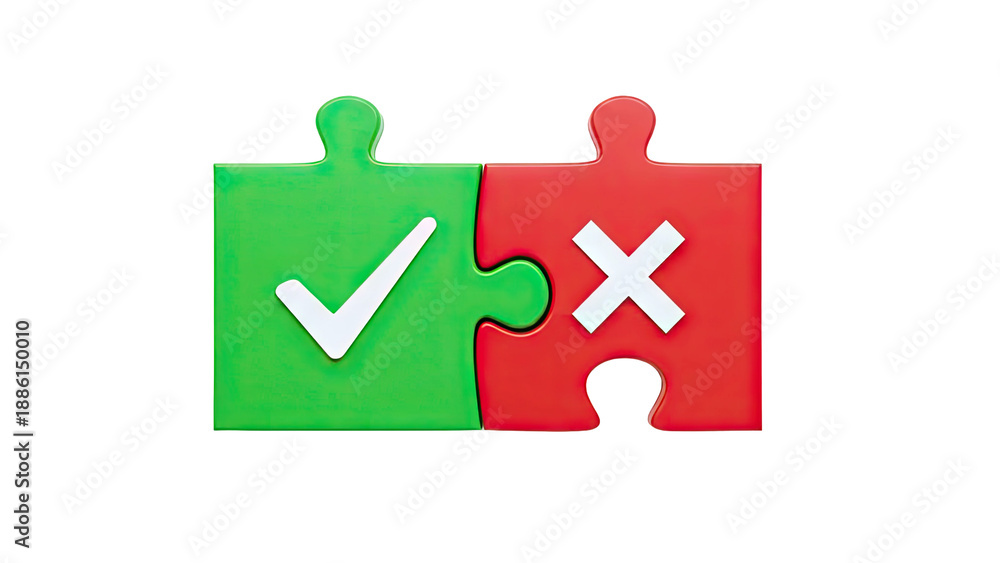 Obraz premium Two Puzzle Pieces, Checkmark and Cross