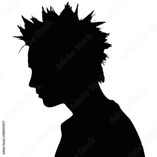 Simple black silhouette of a man head in profile, spiky hair style