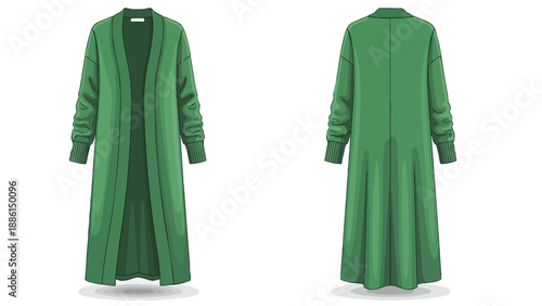 Elegant long green open cardigan flat sketch design vector illustration modern women's fashion apparel template front and back views for garment