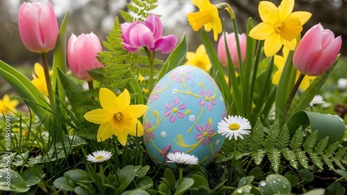 Decorated easter egg surrounded by flowers springtime celebration concept