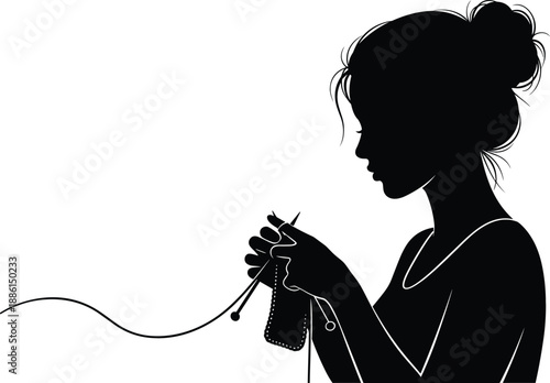 Black silhouette vector of a woman profile sitting and knitting with needles and yarn for handmade craft hobby