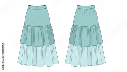 Elegant aqua tiered maxi skirt fashion technical flat sketch design illustration