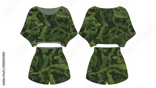 Stylish green camouflage two-piece set featuring a modern crop top and comfortable matching shorts designed for versatile casual wear or relaxed