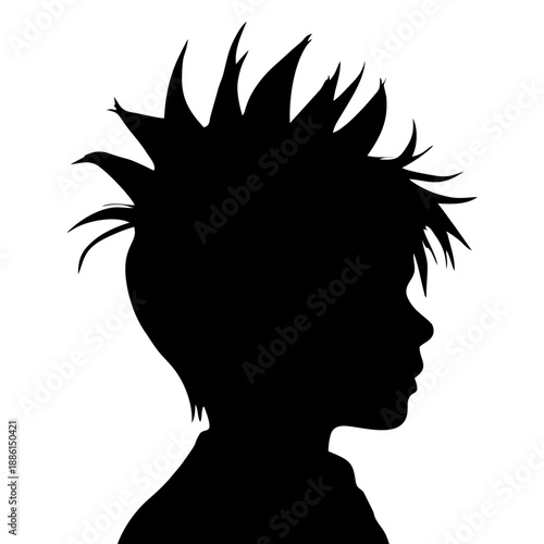 Simple black silhouette of a man head in profile, spiky hair style