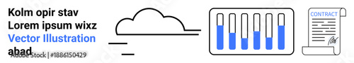 Cloud shape, bar graph with data levels, scroll document with contract text. Ideal for analytics, business, data visualization, cloud solutions, financial reports, agreements simple landing page