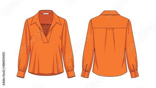 Fashion illustration of a vibrant orange women's long-sleeve blouse featuring a wide V-neck collar and comfortable relaxed fit, front and back views