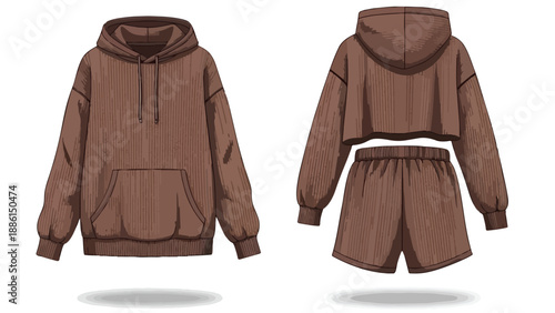 Brown ribbed loungewear set illustration features a comfortable full hoodie and a cropped hoodie with matching shorts, perfect for modern casual wear.