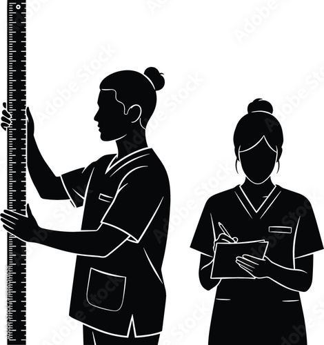 Black silhouette vector of medical professionals nurses or doctors measuring height with a stadiometer scale and writing notes