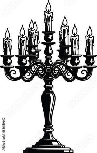 Gothic candelabra silhouette with dripping candles antique chandelier vintage horror halloween decor black vector illustration isolated background